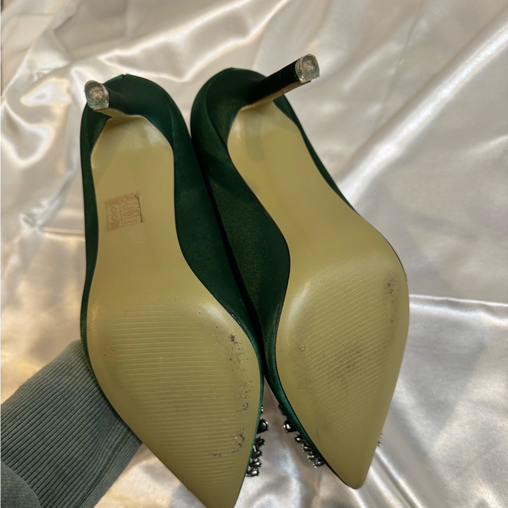 Satin green Stiletto heels 3.9 inches size 7.5 Rhinestone - Picture 7 of 7